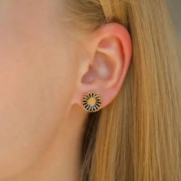 11 - 12 MM marguerit sorte ørestikker i forgyldt sølv - Marie