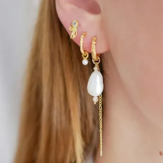 13 mm Enamel Belle Pearl hvid creoler i forgyldt sølv