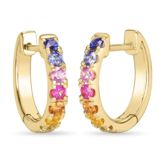 13 mm regnbuefarvede safir creoler i 14 karat guld med safir