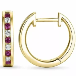 15 mm rubin creoler i 14 karat guld med rubin og diamant
