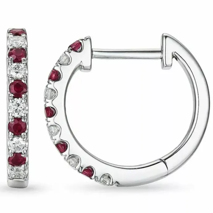 14 mm rubin creoler i 14 karat hvidguld med rubin og diamant