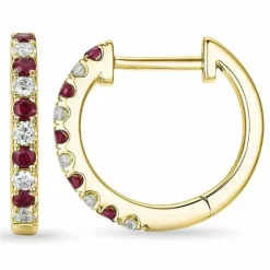 14 mm rubin creoler i 14 karat guld med rubin og diamant
