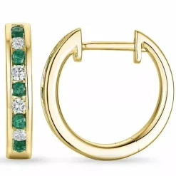 15 mm smaragd creoler i 14 karat guld med smaragd og diamant