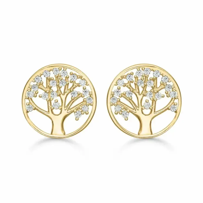 11 mm Støvring Design livets træ øreringe i 14 karat guld hvid zirkon