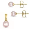 6 og 5 mm rosa perle sæt med øreringe og vedhæng i 9 karat guld