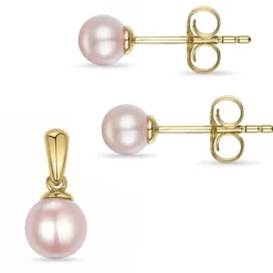 6 og 5 mm rosa perle sæt med øreringe og vedhæng i 9 karat guld