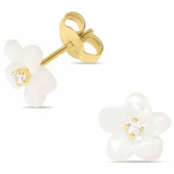 Blomster ørestikker i 9 karat guld med perlemor og zirkon