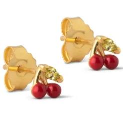 Enamel cherry øreringe i forgyldt sølv rød emalje