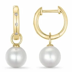 Lange 13 mm perle creoler i 14 karat guld med diamant