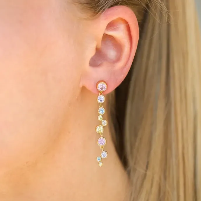 Lange multifarvet zirkon øreringe i forgyldt sølv - Bubbly Twist