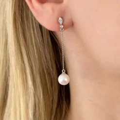 Lange perle brillantøreringe i 14 karat hvidguld med diamant