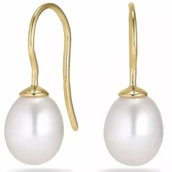 Ovale 9 - 10 mm aaa-graded ferskvandsperle øreringe i 14 karat guld med