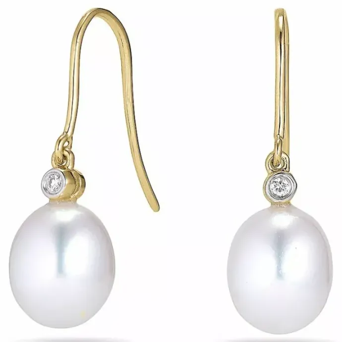 Ovale 8 - 9 mm aaa-graded ferskvandsperle diamantøreringe i 14 karat guld med diamanter