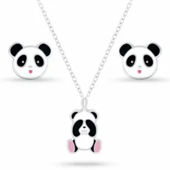 Panda sæt med øreringe og halskæde i sølv hvid emalje sort emalje pink emalje