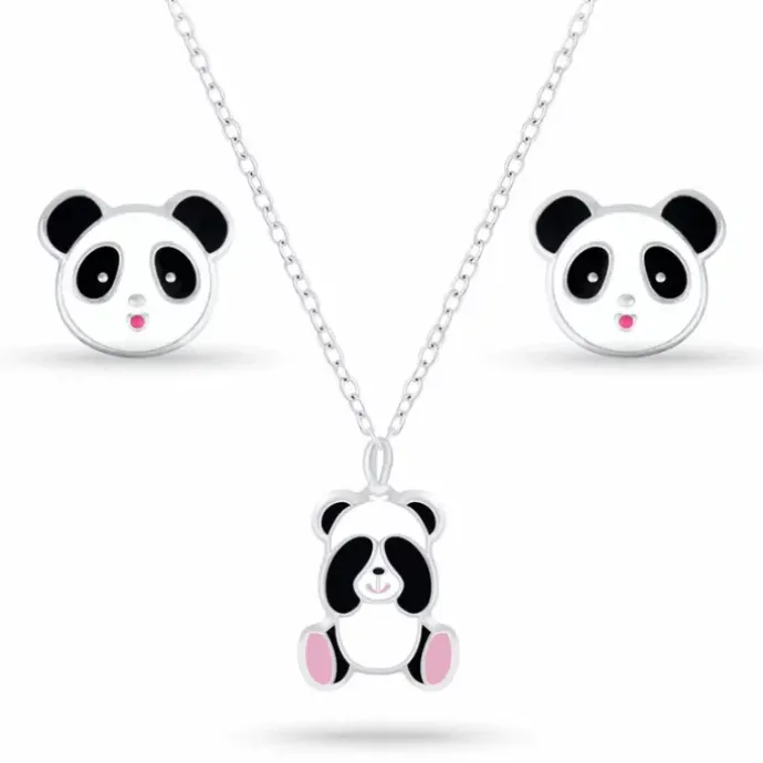 Panda sæt med øreringe og halskæde i sølv hvid emalje sort emalje pink emalje