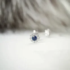 Runde safir brillantøreringe i 14 karat hvidguld med diamant og safir