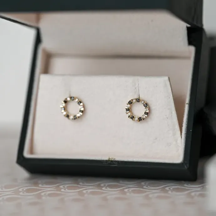 Runde sorte diamant ørestikker i 14 karat guld med diamant og sort diamant