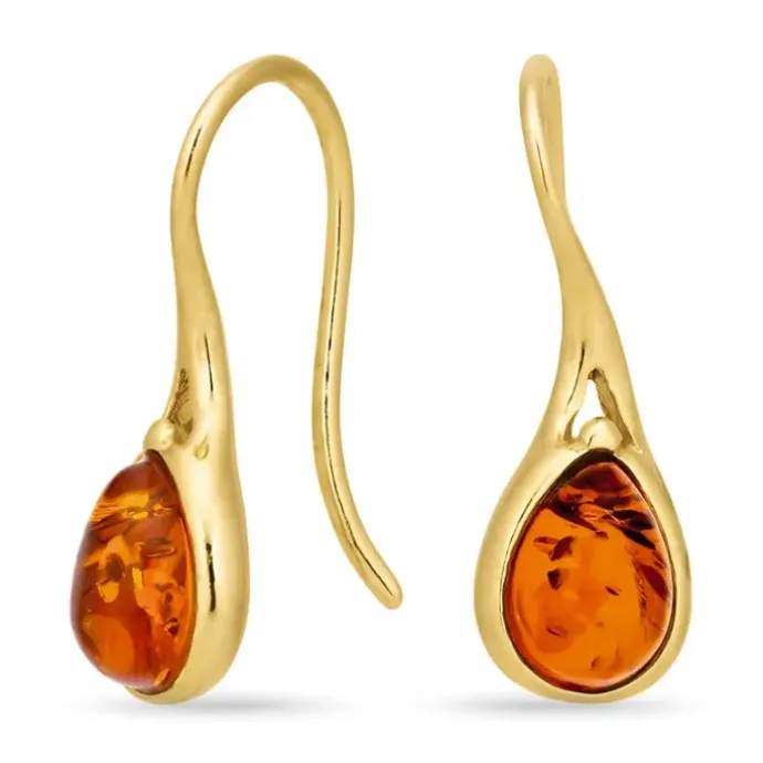 Yndige dråbe rav øreringe i forgyldt sølv